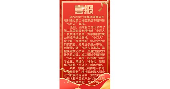熱烈祝賀方原集團(tuán)鐵鷹公司 順利通過第二批國家級專精特新 “小巨人”復(fù)核。